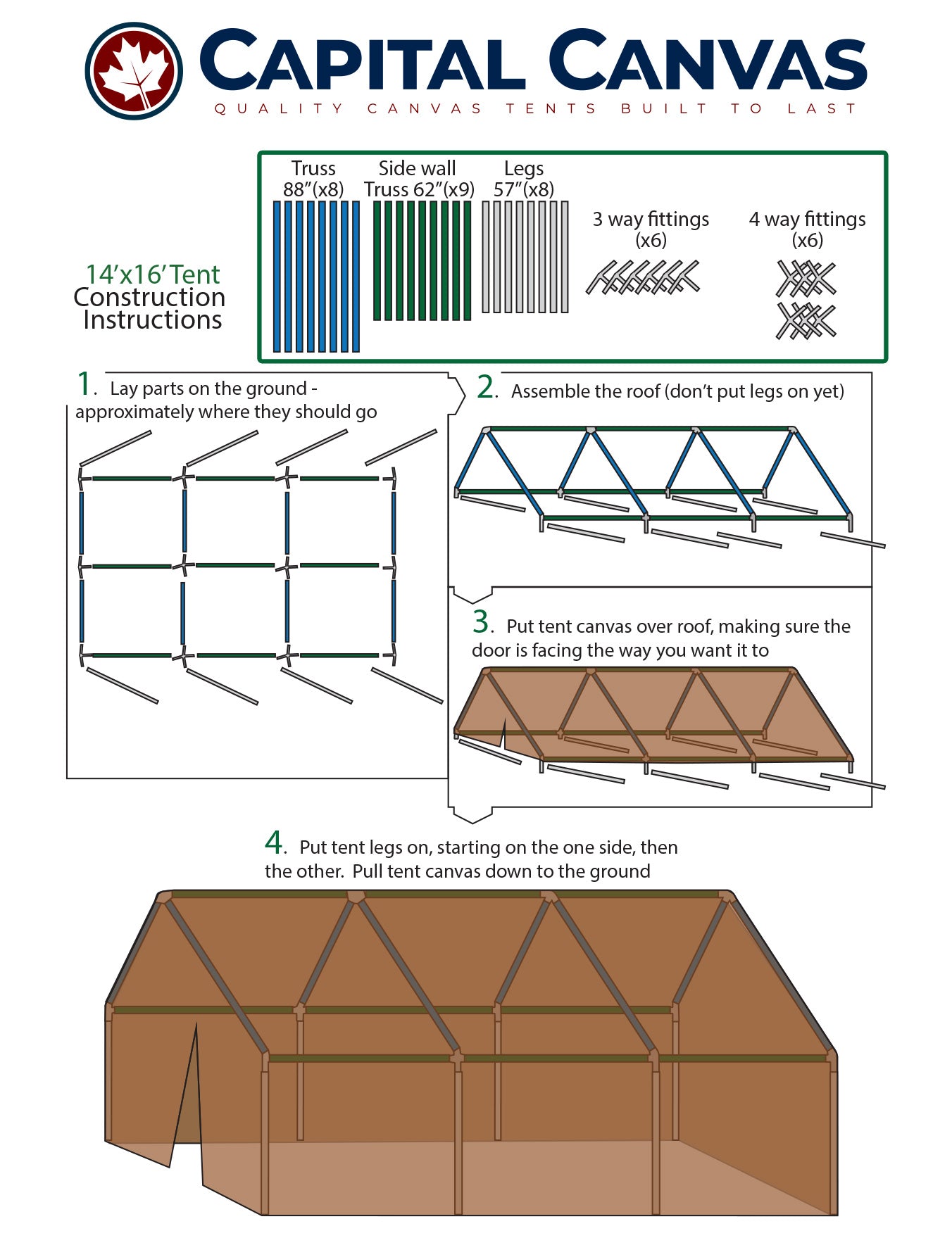 Capital Canvas tent construction instructions with diagram and parts list.