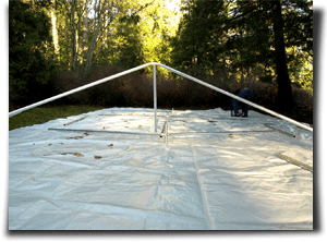 The frame of a canvas wall tent.